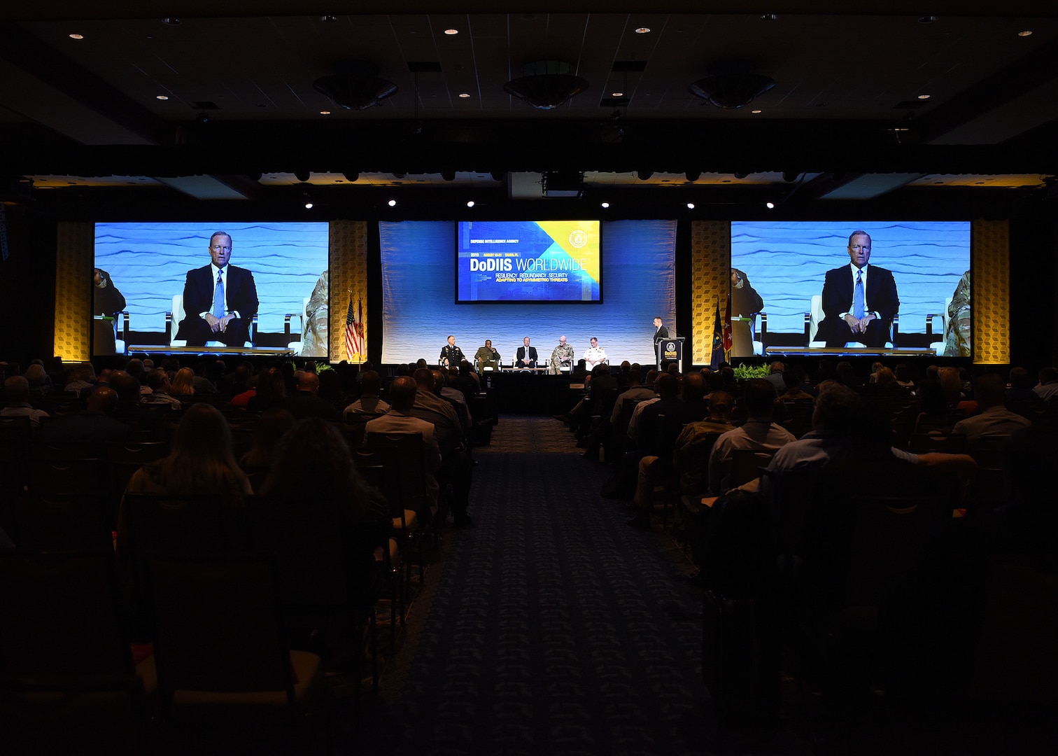 Directors of intelligence from five U.S. military organizations participate in a panel discussion on how artificial intelligence, modernization and information sharing impact military readiness during the Defense Intelligence Agency DoDIIS Worldwide Conference, Aug. 21, 2019, at the Tampa Convention Center, in Florida.
