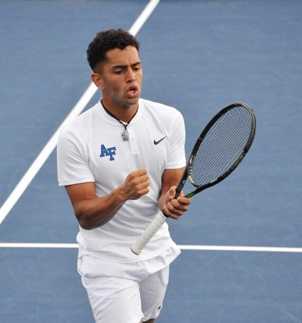 U.S. Air Force 2nd Lt. Isaac Perez celebrates the end of a match in this undated photo while a member of the United States Air Force Academy men’s tennis team. Perez, who will begin pilot training in early 2020, has been named a 2019 recipient of the Intercollegiate Tennis Association’s national Arthur Ashe Jr. Leadership and Sportsmanship award.