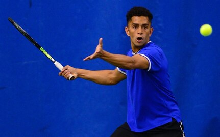 U.S. Air Force 2nd Lt. Isaac Perez prepares to return a serve during a match in this undated photo while a member of the United States Air Force Academy men’s tennis team. Perez, who will begin pilot training in early 2020, has been named a 2019 recipient of the Intercollegiate Tennis Association’s national Arthur Ashe Jr. Leadership and Sportsmanship award.