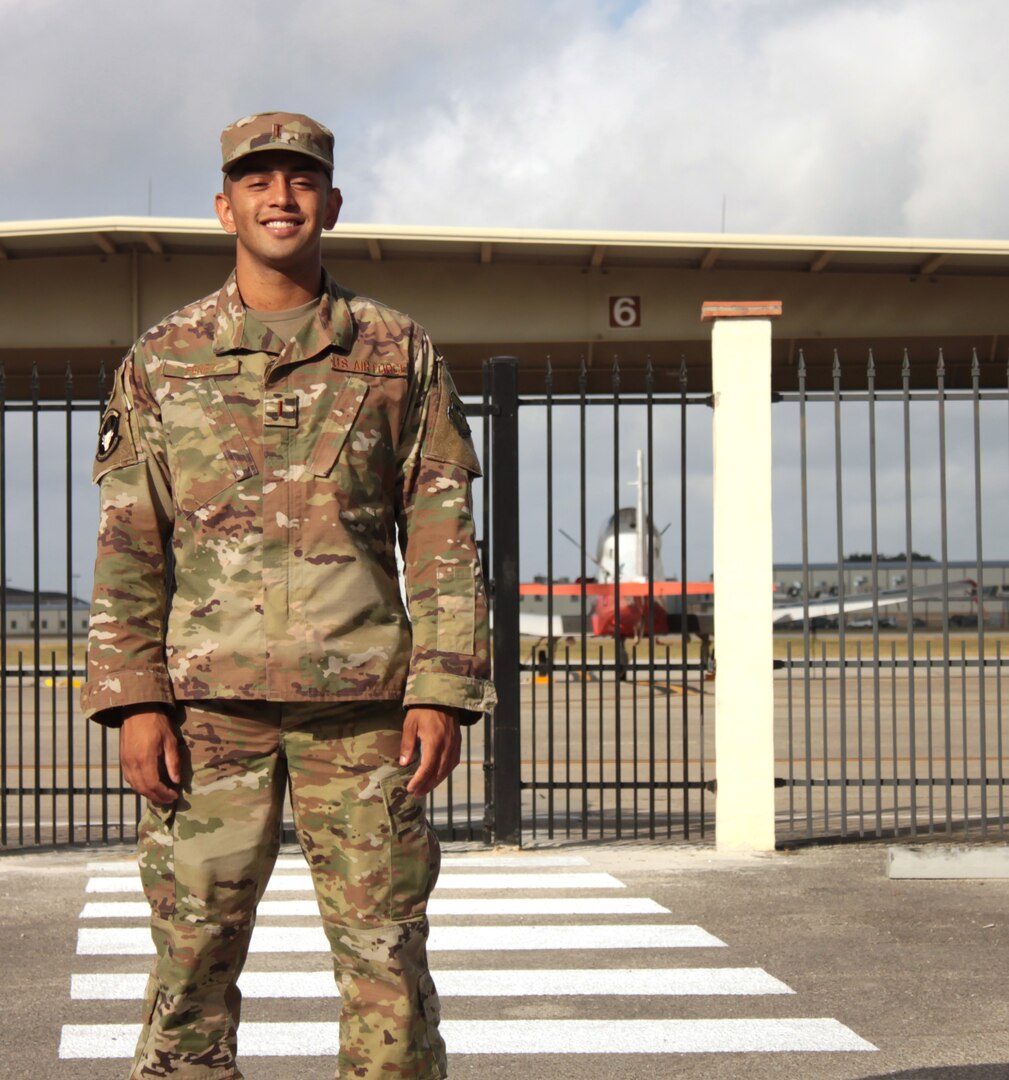 U.S. Air Force 2nd Lt. Isaac Perez stands outside the flight line at Joint Base San Antonio-Randolph Aug. 20. Perez, who is awaiting the start of version three of “Pilot Training Next,” was the 2019 winner of the Intercollegiate Tennis Association’s national Arthur Ashe Jr. Leadership and Sportsmanship award.