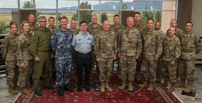Gen. Stephen Wilson, Vice Chief of Staff of the U.S. Air Force, joins senior space military leaders from the U.S., Australia, Canada and Great Britain, as part of Space Flag’s first exercise with coalition partners, Aug. 16, 2019. Space Flag is an Air Force Space Command-sponsored exercise focused on using current capabilities to deter, deny and disrupt adversarial actions in the space domain. Space Flag is one of many AFSPC efforts to expand its cooperation with Allied partners in joint, coalition space education and training opportunities. (U.S. Air Force photo by Dave Grim)