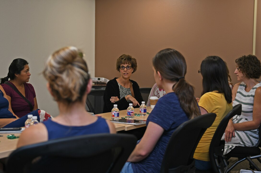 Rhonda Ray, wife of U.S. Air Force Gen. Tim Ray, Commander of Air Force Global Strike Command, speaks with military spouses at Dyess Air Force Base, Texas, Aug. 22, 2019. Rhonda spoke on the topic of homeschooling children as a military spouse, while taking questions on state curriculum requirements during permanent change of station moves. (U.S. Air Force photo by Senior Airman Susan Roberts)