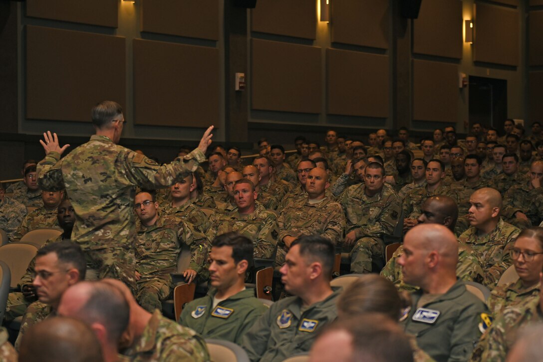 U.S. Air Force Gen. Tim Ray, Commander of Air Force Global Strike Command, holds an all-call with Airmen from the 7th Bomb Wing in the base theater at Dyess Air Force Base, Texas, Aug. 22, 2019. Ray spoke about various topics including upcoming changes to the B-1B Lancer mission and the importance of the Resiliency Tactical Pause in increasing morale, becoming better wingmen to each other and building a more positive work environment. (U.S. Air Force photo by Senior Airman Susan Roberts)