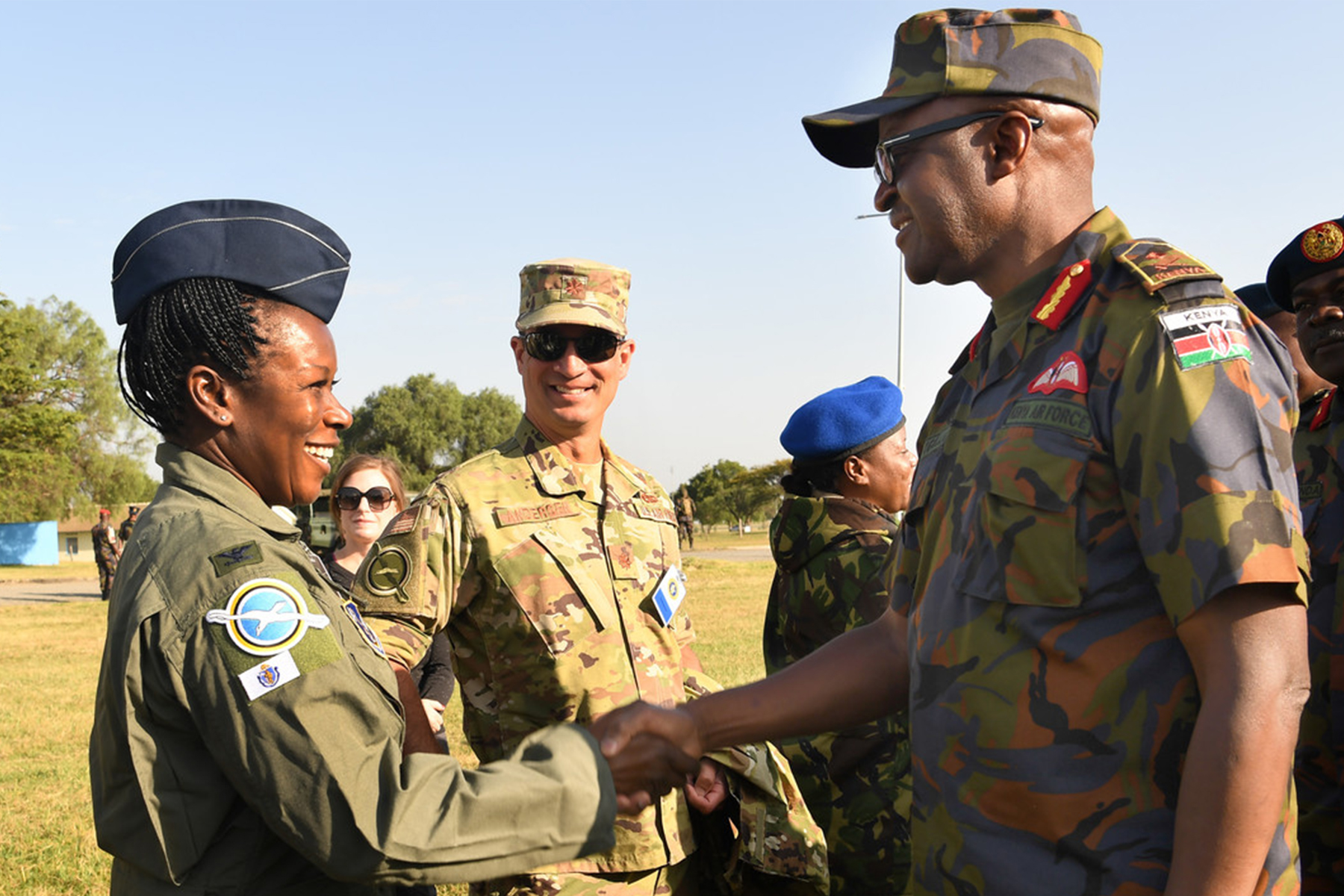 Miltary members shaking hands with National Guard.