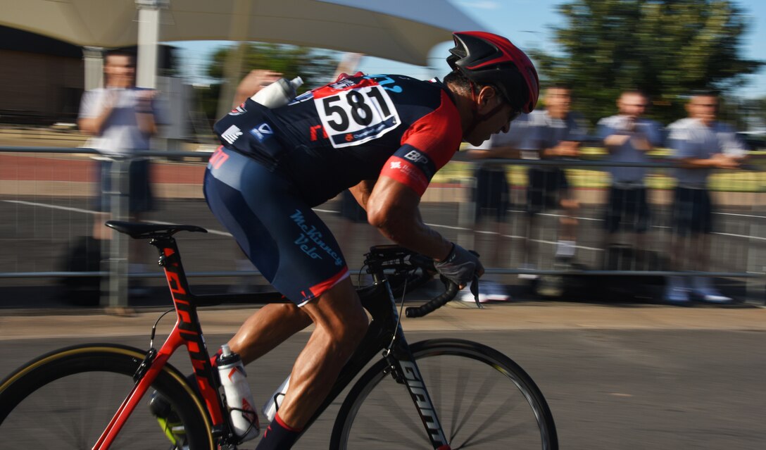 A Hotter‘N Hell Hundred cyclist blazes down Airmen’s Alley at Sheppard Air Force Base, Texas