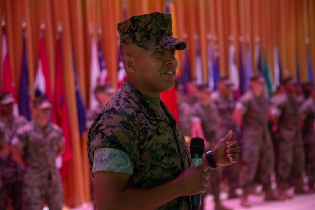 Newly appointed sergeant major of 4th Marine Regiment, Sgt. Maj. Jose H. Molina, gives remarks, during a relief and appointment ceremony at Camp Schwab, Okinawa, Japan, Aug. 16, 2019. During the ceremony, Leiva transferred leadership to Sgt. Maj. Jose H. Molina, who was selected as the new 4th Marine Regiment sergeant major. (U.S. Marine Corps photo by Lance Cpl. D’Angelo Yanez)