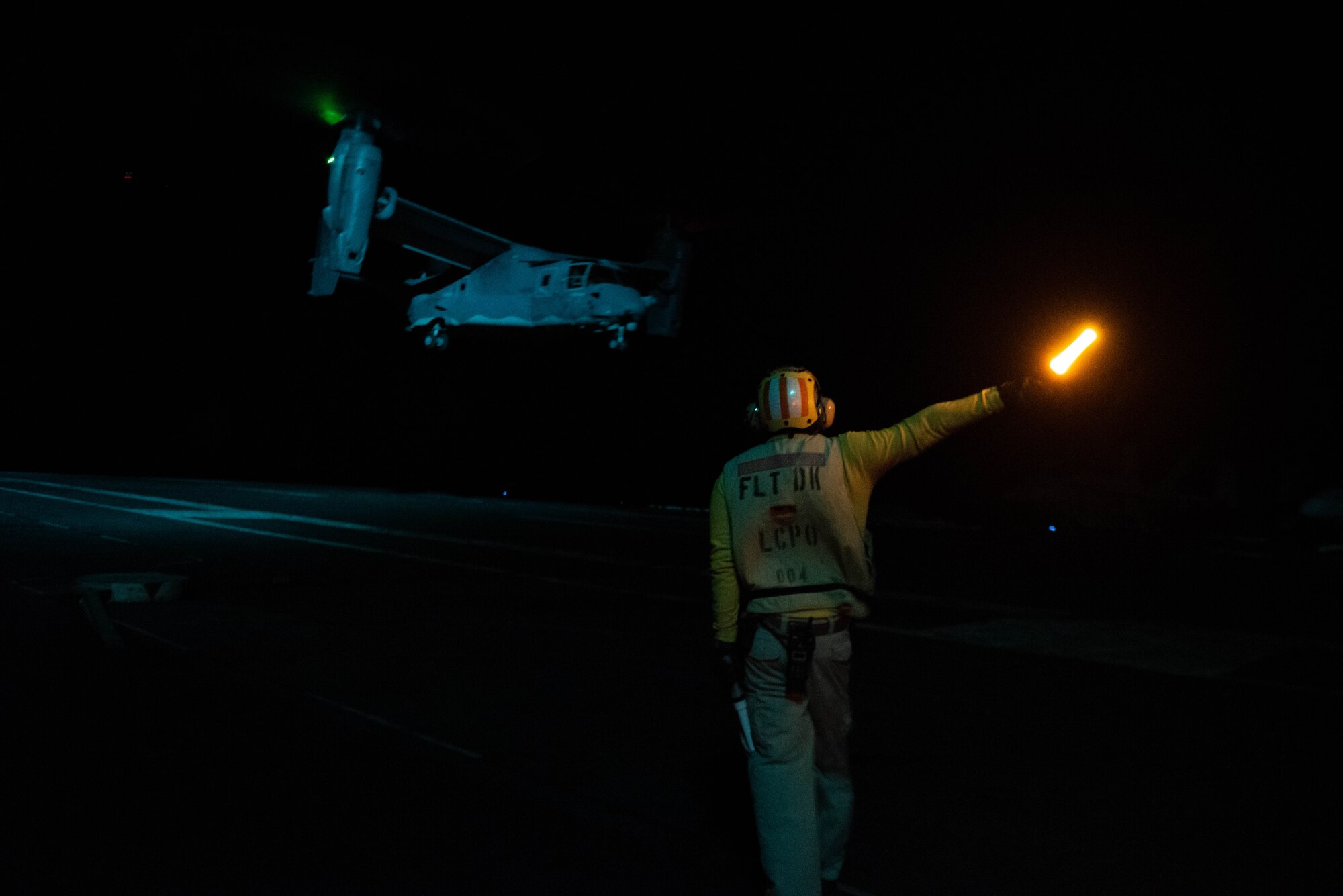 A CV-22 Osprey prepares to take off on the flight deck of the USS Ronald Reagan.