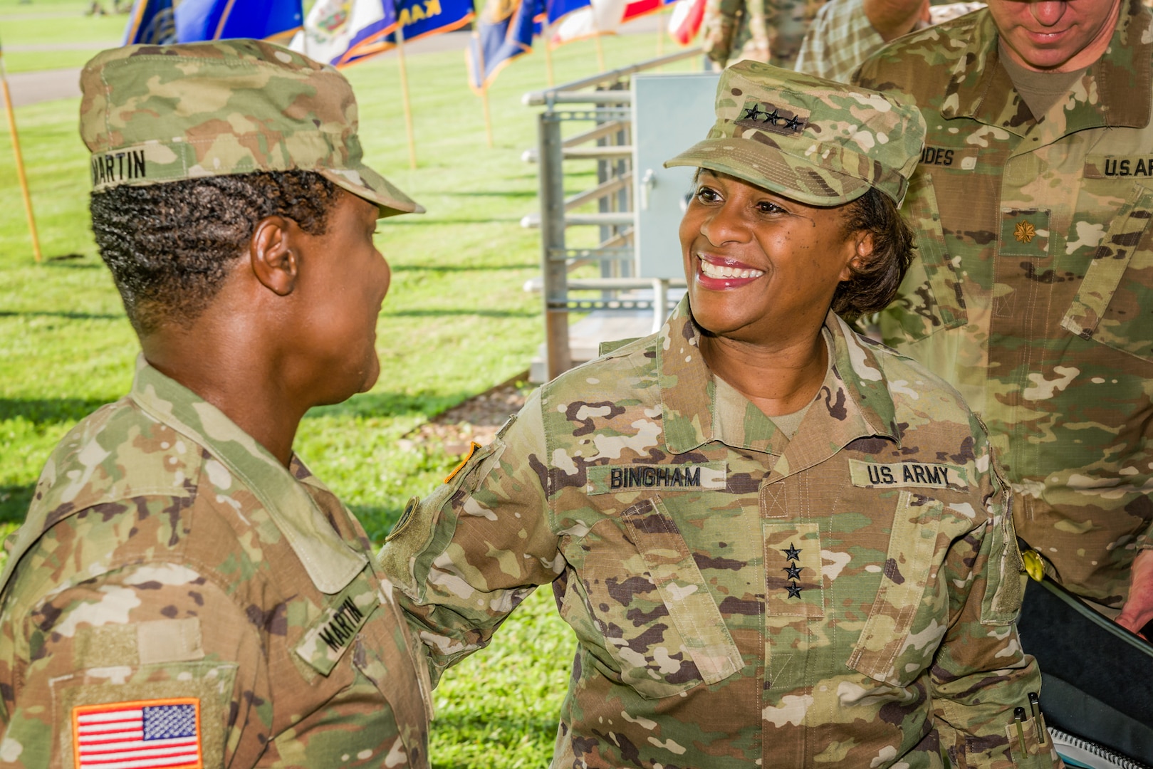 Lt. Gen. Gwen Bingham talks with Maj. Gen. Donna Martin, Maneuver Support Center of Excellence and Fort Leonard Wood commanding general, after promoting her to major general Aug. 28, 2018.