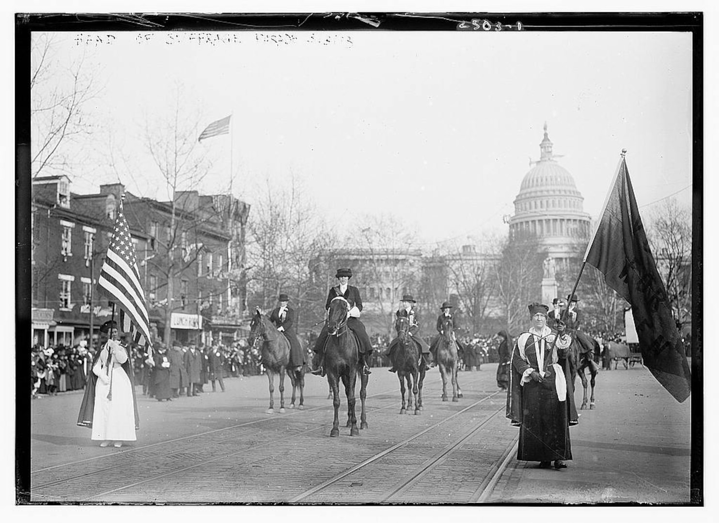 Congressional Union for Women's Suffrage supporters marched on Pennsylvania Avenue the day before President Woodrow Wilson's inauguration.
