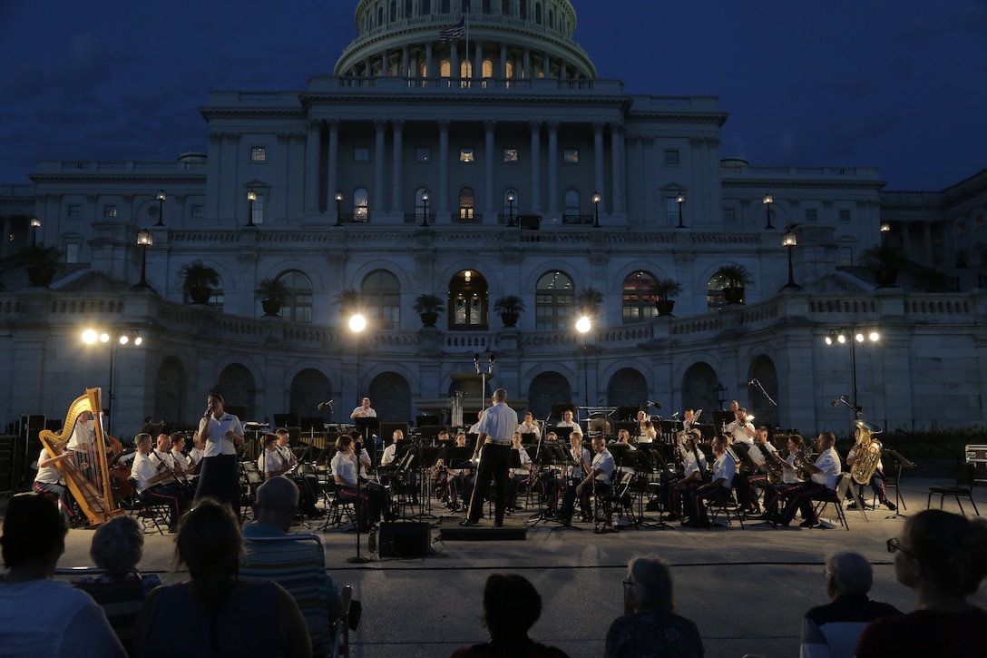 On Aug. 1, 2018, the Marine Band performed music by John Philip Sousa, Bert Appermont, Harold Arlen, and Antonín Dvořák on the west terrace of the U.S. Capitol in Washington, D.C. (U.S. Marine Corps photo by Master Sgt. Kristin duBois/released)