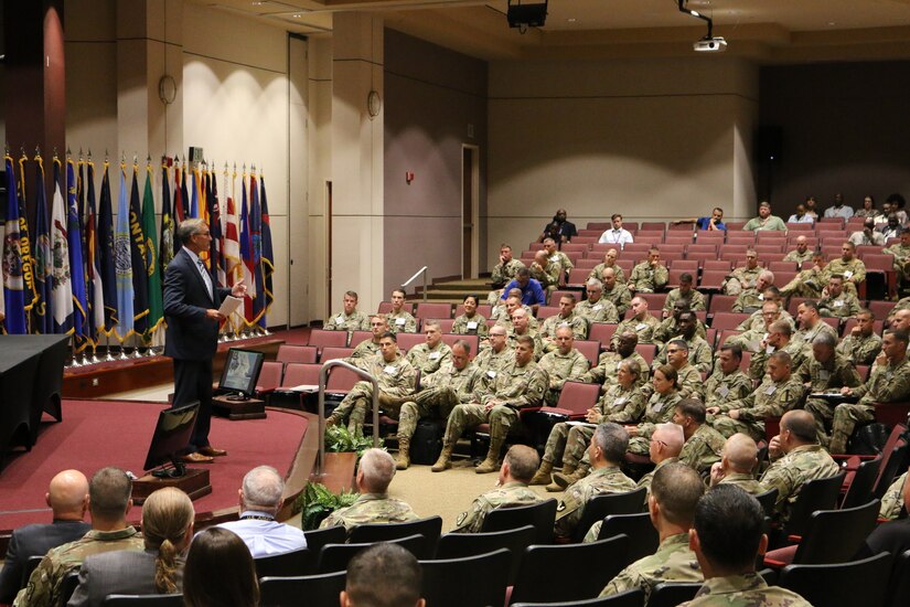 William Marriott, Army Aviation and Missile Command deputy to the commanding general, welcomes more than 200 Soldiers and Army Civilians attending AMCOM 101 for Aviation, Aug. 20-22, at the command headquarters on Redstone Arsenal.
