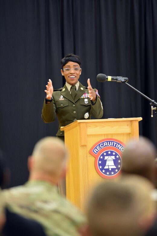 Command Sgt. Maj. Tabitha Gavia, command sergeant major of U.S. Army Recruiting Command and guest speaker, shares remarks with the audience who attended the Women's Equality Day Observance at Sadowski Center on Fort Knox, Kentucky, Aug. 23.