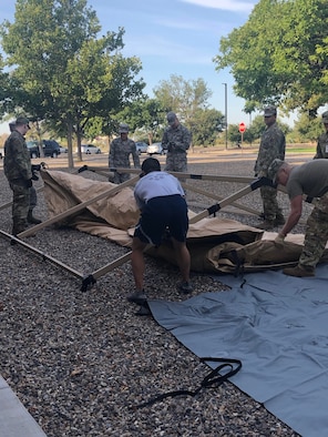 U.S. Air Force Airmen set up an Air Transportable Clinic August 17, 2019, on Mountain Home Air Force Base, Idaho. Setting up the ATC gave medics an opportunity to see what challenges they may face before they are deployed. (Courtesy photo)