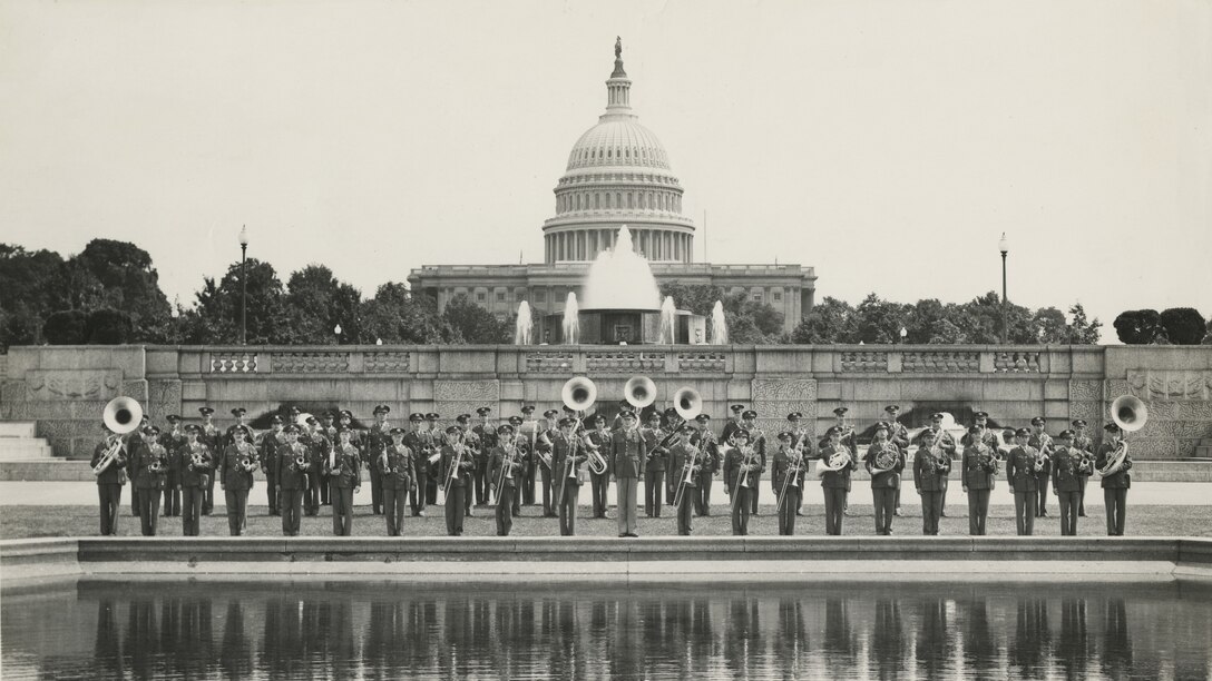 The AAF Band, at 54 members, led by Lt. Alf Heiberg, on the US Capital Grounds, Washington D.C., 1942
