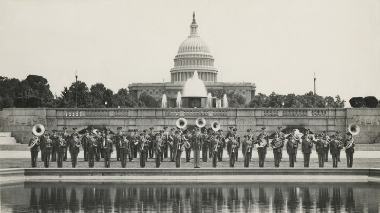The AAF Band, at 54 members, led by Lt. Alf Heiberg, on the US Capital Grounds, Washington D.C., 1942