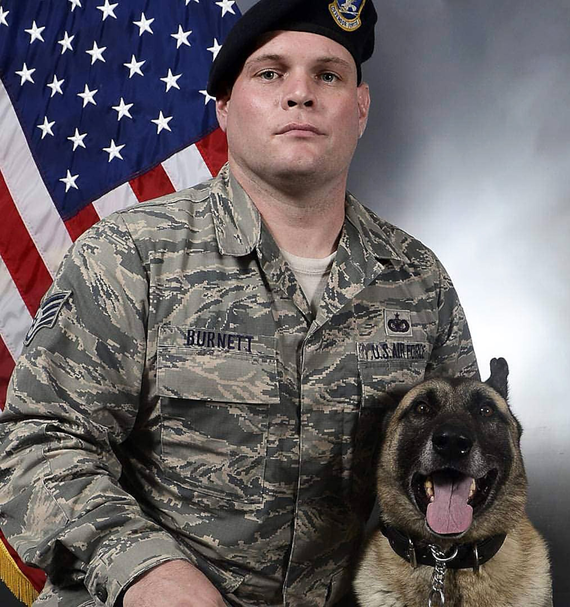 Josh Burnett, a former U.S. Air Force Staff Sgt. and 6th Security Forces military working dog (MWD) handler, poses for a portrait with his partner Jecky MWD, June 22, 2019, at MacDill Air Force Base, Fla.  Burnett served in the Air Force for a total of 15 years, and worked as a MWD handler for 11 years. (Courtesy photo)