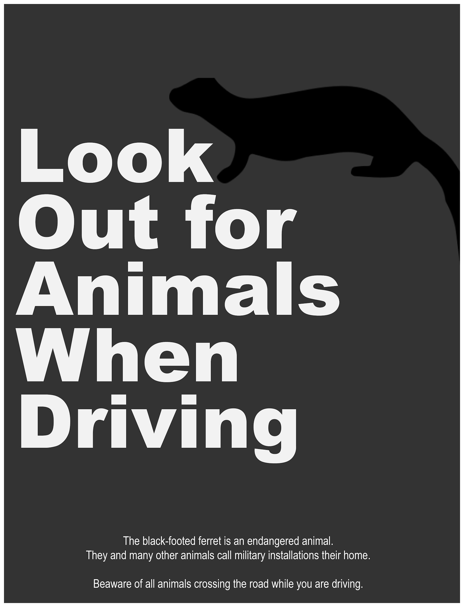 The animal safety graphic is part of a larger driving safety campaign Aug. 25, 2019, on F.E. Warren Air Force Base, Wyo., to raise awareness of good driving practices and lower safety concerns on base. (U.S. Air Force photo by Senior Airman Abbigayle Williams)