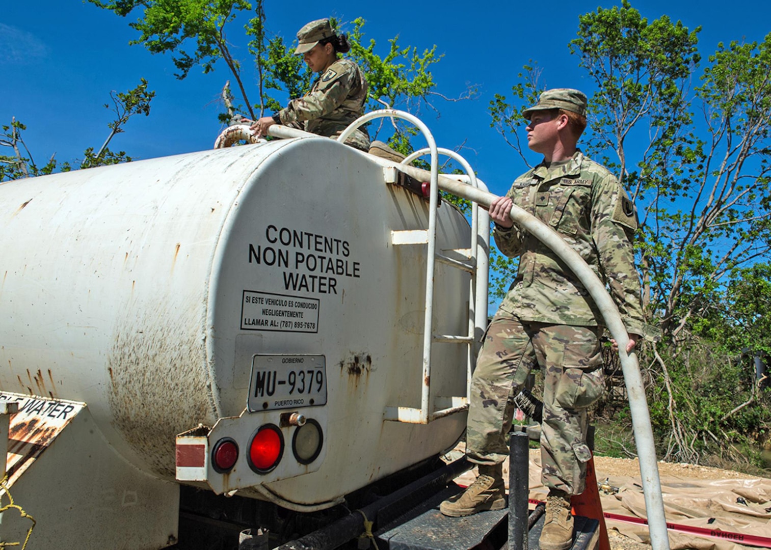 Soldiers of the Puerto Rico National Guard are working 24/7 to prepare for the landfall of Tropical Storm Dorian. This photo from October 2017 shows Soldiers working to filter water and provide it to those affected by Hurricane Maria.