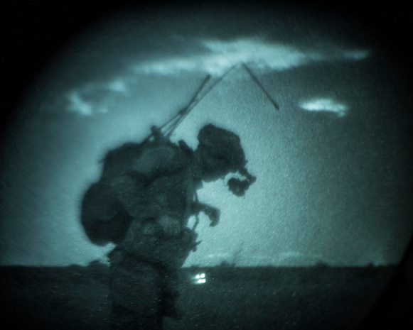 A paratrooper assigned to the 82nd Airborne Division prepares to initiate the ground portion of a parachute assault scenario at lowlight conditions during Battalion Mobility Tactical Week at Fort Bragg, N.C., Aug. 20, 2019. Battalion Mass Tactical Week is a joint exercise involving the U.S. Air Force and the U.S. Army designed to enhance service members’ abilities by practicing contingency operations in a controlled environment. The exercise incorporated three C-130J Super Hercules assigned to Little Rock Air Force Base, Arkansas, three C-17 Globemaster IIIs assigned to Joint Base Charleston, S.C. and Army paratroopers assigned to the 82nd Airborne Division of Fort Bragg, N.C. The exercise allowed all parties to quickly and safely complete training tasks, such as personnel and cargo air drops, to prepare joint forces to operate during global mobility missions.