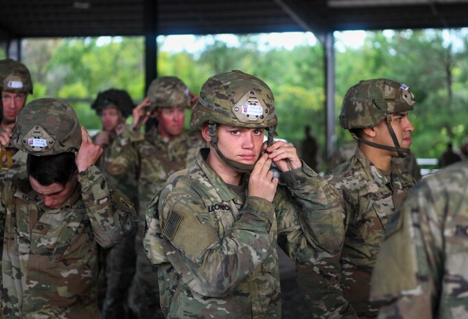 A paratrooper assigned to the 82nd Airborne Division fastens their helmet before taking part in fall exercises during Battalion Mobility Tactical Week at Fort Bragg, N.C., Aug. 19, 2019. Battalion Mass Tactical Week is a joint exercise involving the U.S. Air Force and the U.S. Army designed to enhance service members’ abilities by practicing contingency operations in a controlled environment. The exercise incorporated three C-130J Super Hercules assigned to Little Rock Air Force Base, Arkansas, three C-17 Globemaster IIIs assigned to Joint Base Charleston, S.C. and Army paratroopers assigned to the 82nd Airborne Division of Fort Bragg, N.C. The exercise allowed all parties to quickly and safely complete training tasks, such as personnel and cargo air drops, to prepare joint forces to operate during global mobility missions.