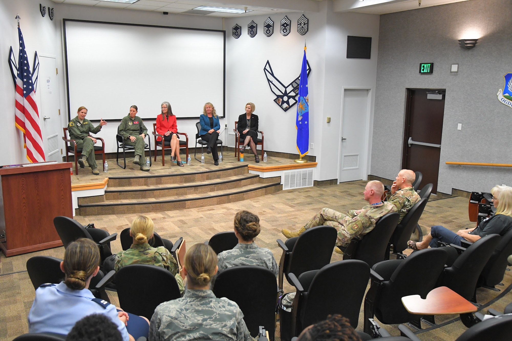 Col. Regina “Torch” Sabric, 419th Fighter Wing commander, speaks at the Women’s Equality Day panel discussion