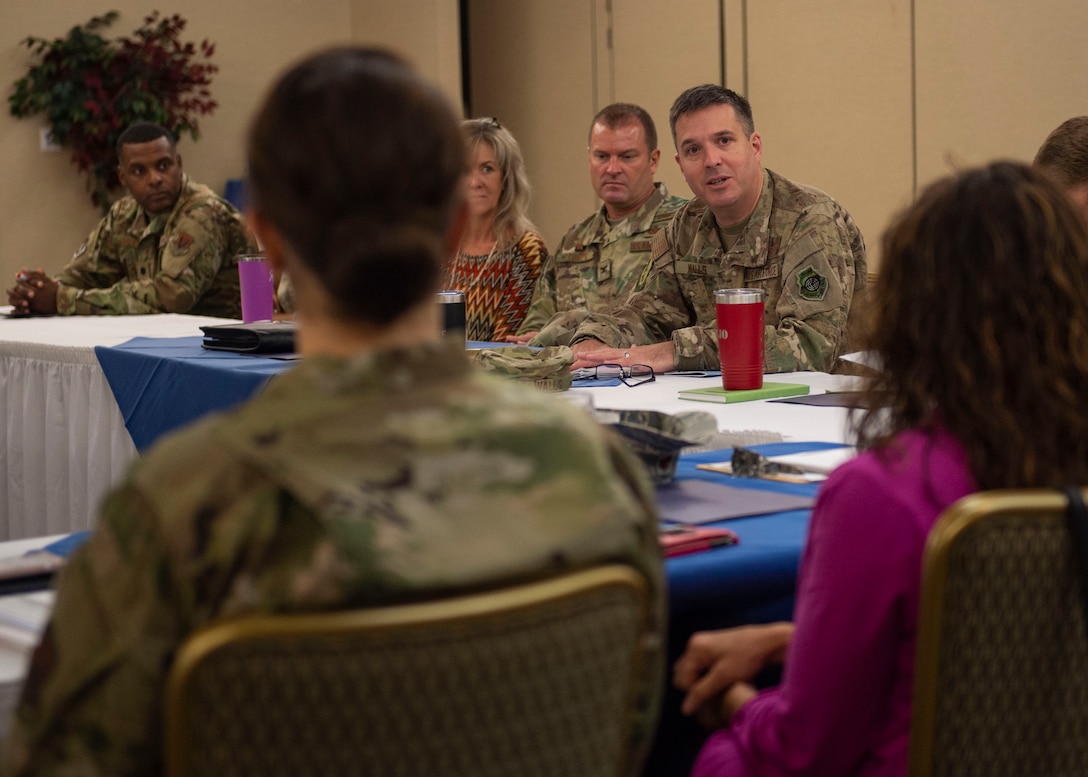Col. Daniel P. Walls, 23d Wing commander, discusses the Air Force mission and priorities with squadron commanders during a Squadron Commander Course, Aug. 26, 2019, at Moody Air Force Base, Ga. The course served as an opportunity for squadron commanders to network with one another and learn about different organizations and resources offered by the base to better support their Airmen. (U.S. Air Force photo by Airman Azaria E. Foster)