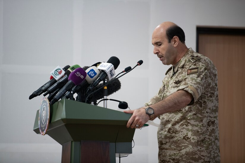 Jordanian Brig. Gen. Mohammad Al-Thalji, Co-Director for Eager Lion 19, addresses the audience at a press conference for the kick off of Eager Lion 19 at King Abdullah II Special Operations Training Center (KASOTC), Jordan, Aug. 25, 2019. Eager Lion 19 is a multilateral exercise hosted by the Kingdom of Jordan, consisting of a total of 30 nations from around the world, designed to exchange military expertise and improve interoperability among partner nations.