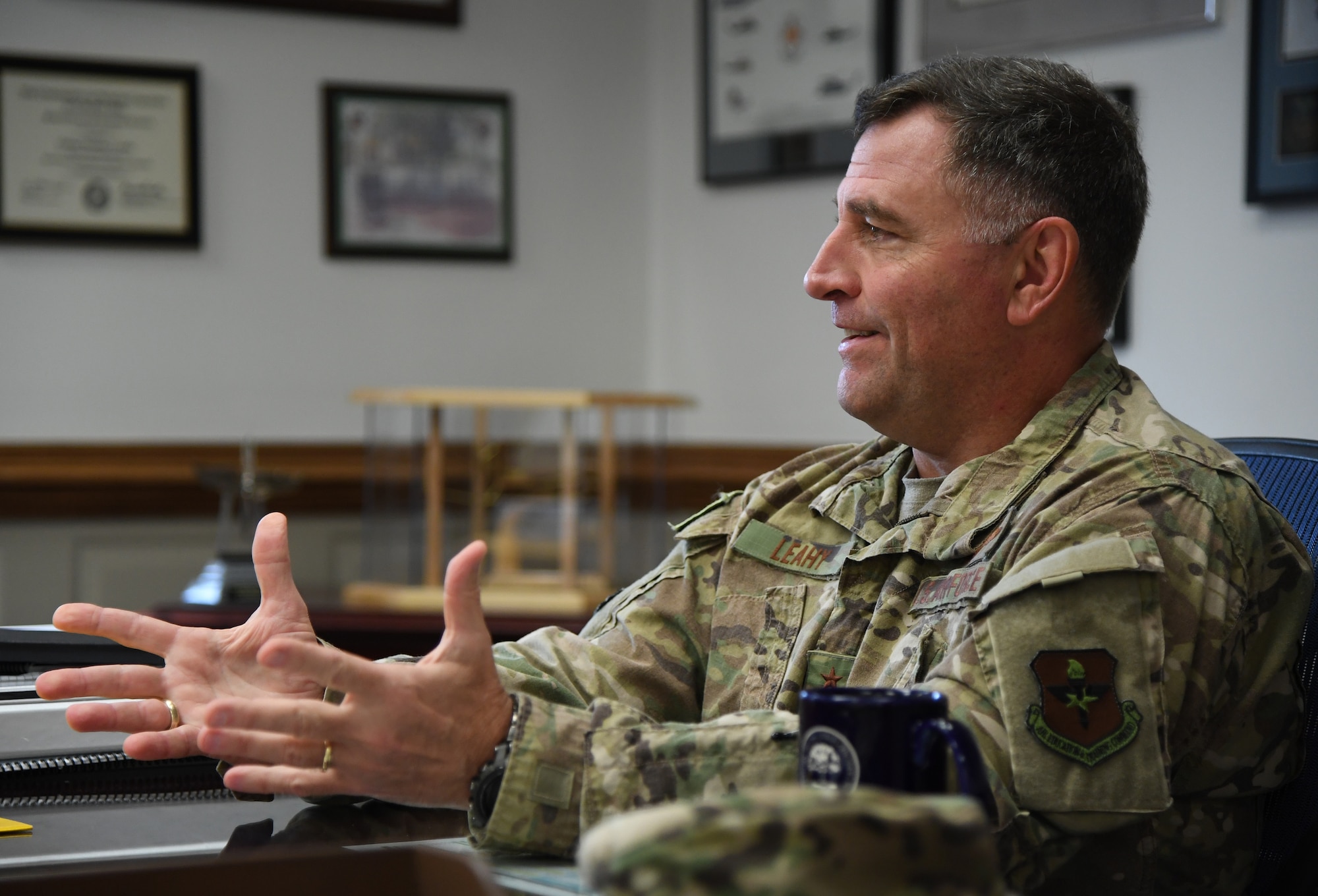 U.S. Air Force Maj. Gen. Timothy Leahy, Second Air Force commander, delivers remarks during an interview inside his office on Keesler Air Force Base, Mississippi, Aug. 14, 2019. Leahy will retire on Dec. 1 with more than 34 years of military service. Throughout his career, Leahy held positions at the major command, sub-unified combatant command and geographic and functional combatant command levels. He also commanded at the squadron, wing, center and numbered Air Force level. Additionally, Leahy is a command pilot with more than 3,200 hours of flight time, primarily in Special Operations Forces aircraft. (U.S. Air Force photo by Kemberly Groue)