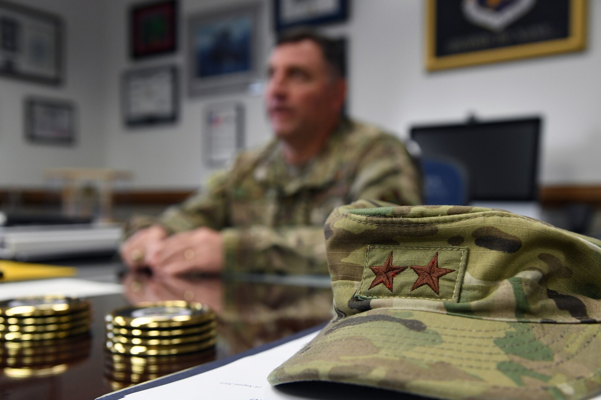 A hat belonging to U.S. Air Force Maj. Gen. Timothy Leahy, Second Air Force commander, is on display during an interview inside his office on Keesler Air Force Base, Mississippi, Aug. 14, 2019. Leahy will retire on Dec. 1 with more than 34 years of military service. Throughout his career, Leahy held positions at the major command, sub-unified combatant command and geographic and functional combatant command levels. He also commanded at the squadron, wing, center and numbered Air Force level. Additionally, Leahy is a command pilot with more than 3,200 hours of flight time, primarily in Special Operations Forces aircraft. (U.S. Air Force photo by Kemberly Groue)