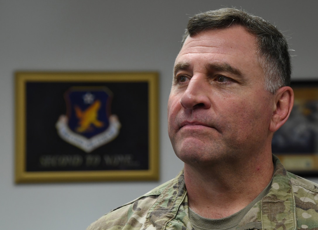 U.S. Air Force Maj. Gen. Timothy Leahy, Second Air Force commander, poses for a photo in his office on Keesler Air Force Base, Mississippi, Aug. 14, 2019. Leahy will retire on Dec. 1 with more than 34 years of military service. Throughout his career, Leahy held positions at the major command, sub-unified combatant command and geographic and functional combatant command levels. He also commanded at the squadron, wing, center and numbered Air Force level. Additionally, Leahy is a command pilot with more than 3,200 hours of flight time, primarily in Special Operations Forces aircraft. (U.S. Air Force photo by Kemberly Groue)