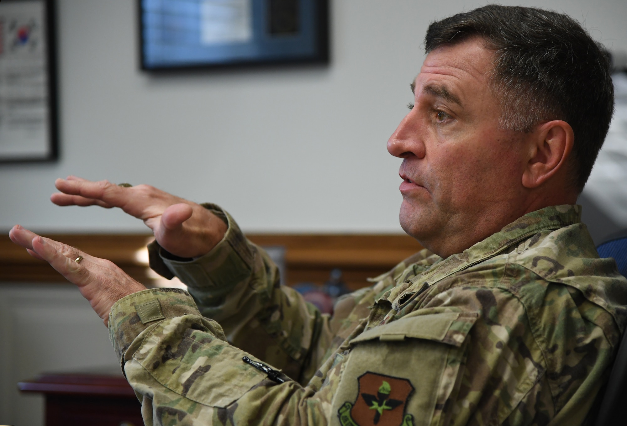 U.S. Air Force Maj. Gen. Timothy Leahy, Second Air Force commander, delivers remarks during an interview inside his office on Keesler Air Force Base, Mississippi, Aug. 14, 2019. Leahy will retire on Dec. 1 with more than 34 years of military service. Throughout his career, Leahy held positions at the major command, sub-unified combatant command and geographic and functional combatant command levels. He also commanded at the squadron, wing, center and numbered Air Force level. Additionally, Leahy is a command pilot with more than 3,200 hours of flight time, primarily in Special Operations Forces aircraft. (U.S. Air Force photo by Kemberly Groue)