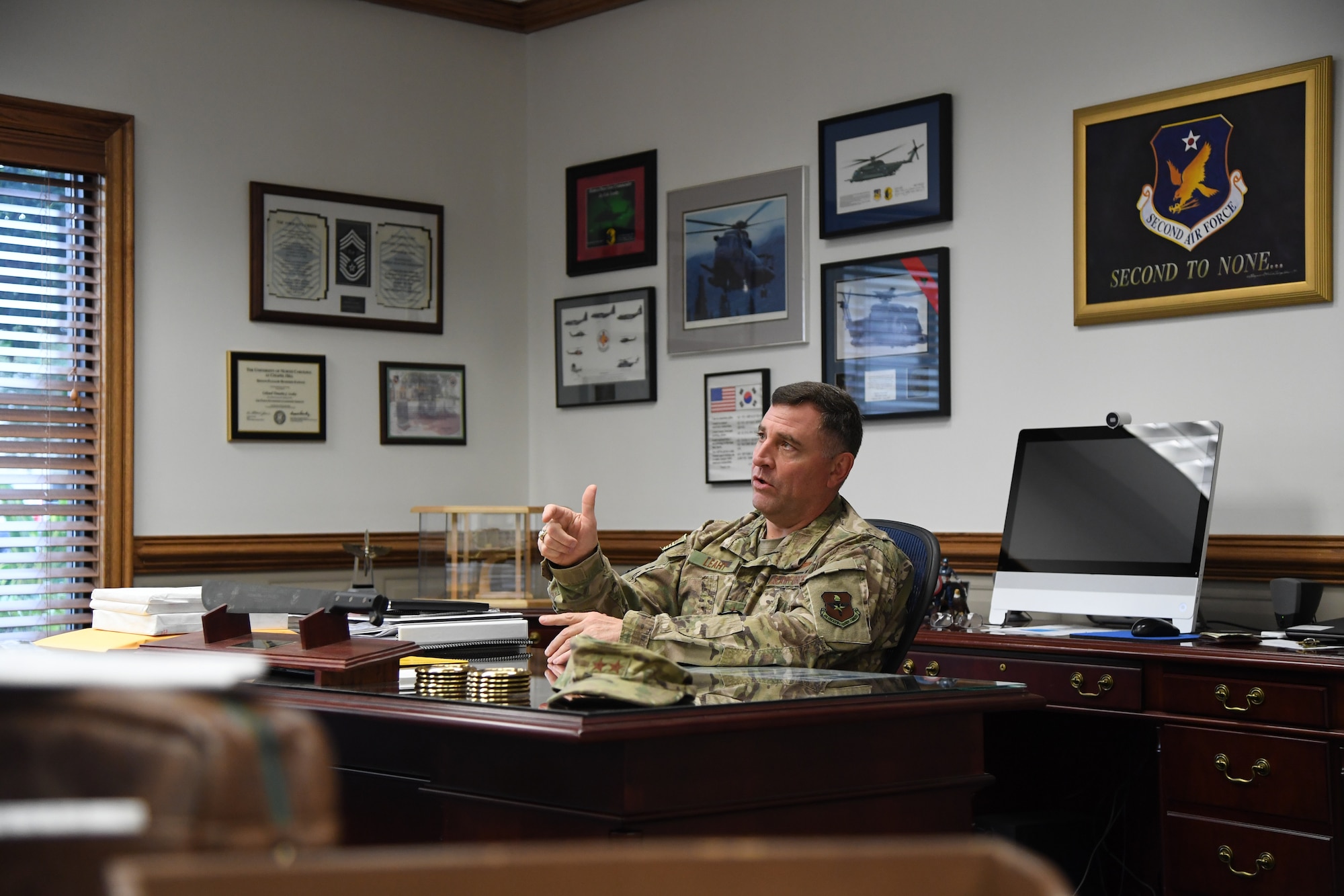 U.S. Air Force Maj. Gen. Timothy Leahy, Second Air Force commander, delivers remarks during an interview inside his office on Keesler Air Force Base, Mississippi, Aug. 14, 2019. Leahy will retire on Dec. 1 with more than 34 years of military service. Throughout his career, Leahy held positions at the major command, sub-unified combatant command and geographic and functional combatant command levels. He also commanded at the squadron, wing, center and numbered Air Force level. Additionally, Leahy is a command pilot with more than 3,200 hours of flight time, primarily in Special Operations Forces aircraft. (U.S. Air Force photo by Airman 1st Class Spencer Tobler)