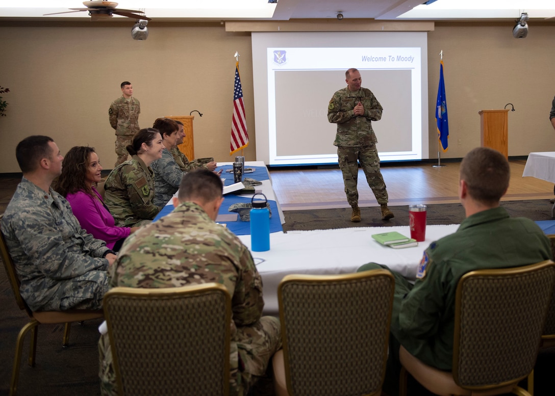 Maj. Justin Ailor, 23d Contracting Squadron commander, speaks to fellow wing leaders during a Squadron Commander Course, Aug. 26, 2019, at Moody Air Force Base, Ga. The course served as an opportunity for squadron commanders to network with one another and learn about different organizations and resources offered by the base to better support their Airmen. (U.S. Air Force photo by Airman Azaria E. Foster)