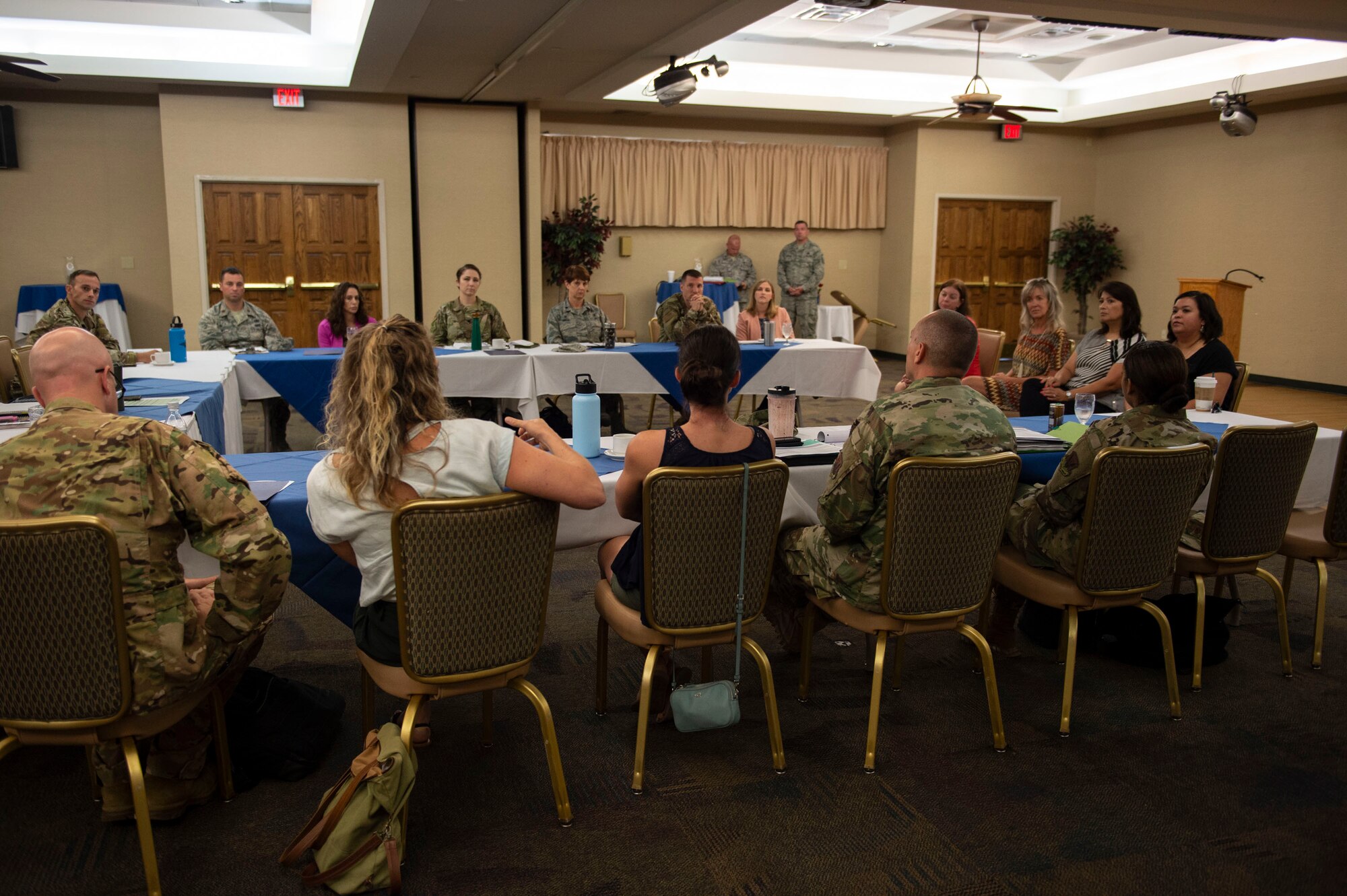 Representatives from the 23d Wing Key Spouse Program explain the impact key spouses have within squadrons during a Squadron Commander Course, Aug. 26, 2019, at Moody Air Force Base, Ga. The course served as an opportunity for squadron commanders to network with one another and learn about different organizations and resources offered by the base to better support their Airmen. (U.S. Air Force photo by Airman Azaria E. Foster)