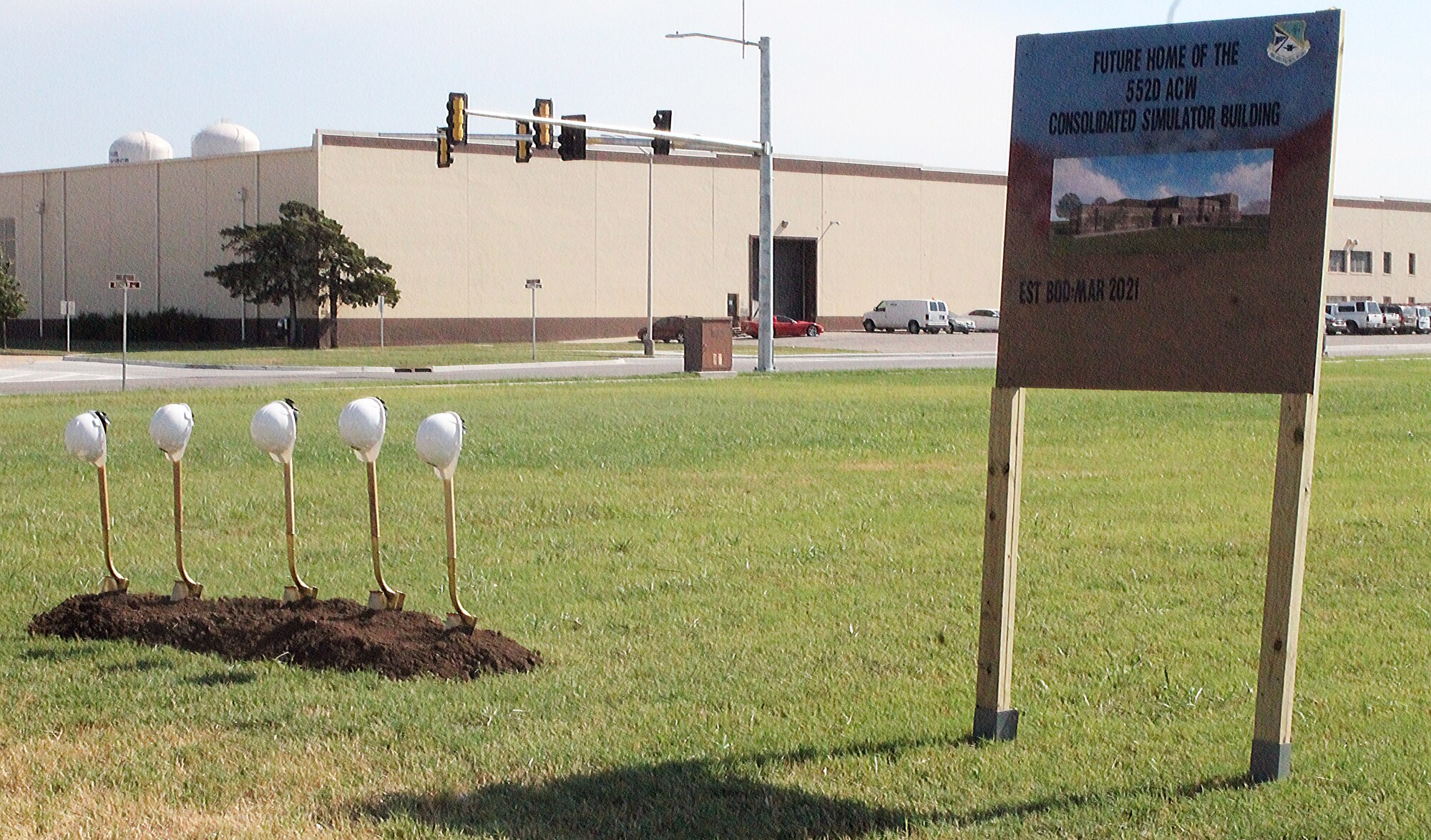 The 552nd Air Control Wing prepares for the ground breaking of an E-3 Sentry Consolidated Simulator Building at Tinker Air Force Base on August 16, 2019. This new building will house the E-3 DRAGON Flight Deck Sims, E-3 Mission sims, and Command and Reporting Center mission sims. (U.S. Air Force photo by 2nd Lt. Ashlyn K. Paulson)