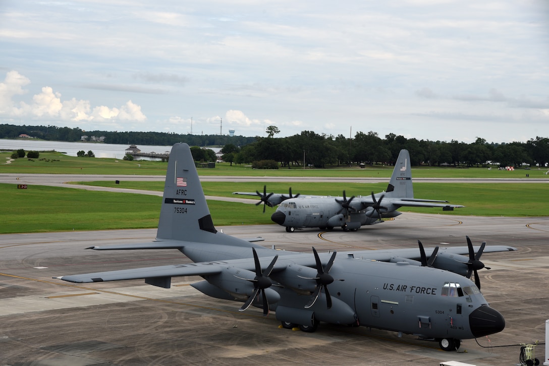 A WC-130J Super Hercules from the 53rd Weather Reconnaissance Squadron, aka Hurricane Hunters, taxis to the runway Aug. 25, 2019 at Keesler Air Force Base, Mississippi. The Hurricane Hunters staged their aircraft in Curacao and began flying into Tropical Storm Dorian Monday night.