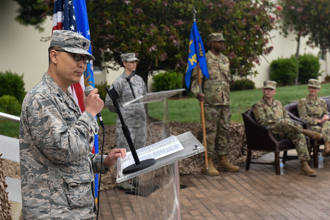 Lt. Col. Joseph Rountree, 30th Health Care Operations Squadron commander, provides remarks during the 30th Medical Group reorganization ceremony Aug. 23, 2019, at Vandenberg Air Force Base, Calif.