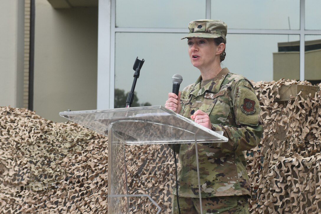Lt. Col. Heidi Clark, 30th Operational Medical Readiness Squadron commander, speaks during the 30th Medical Group reorganization ceremony Aug. 23, 2019, at Vandenberg Air Force Base, Calif.