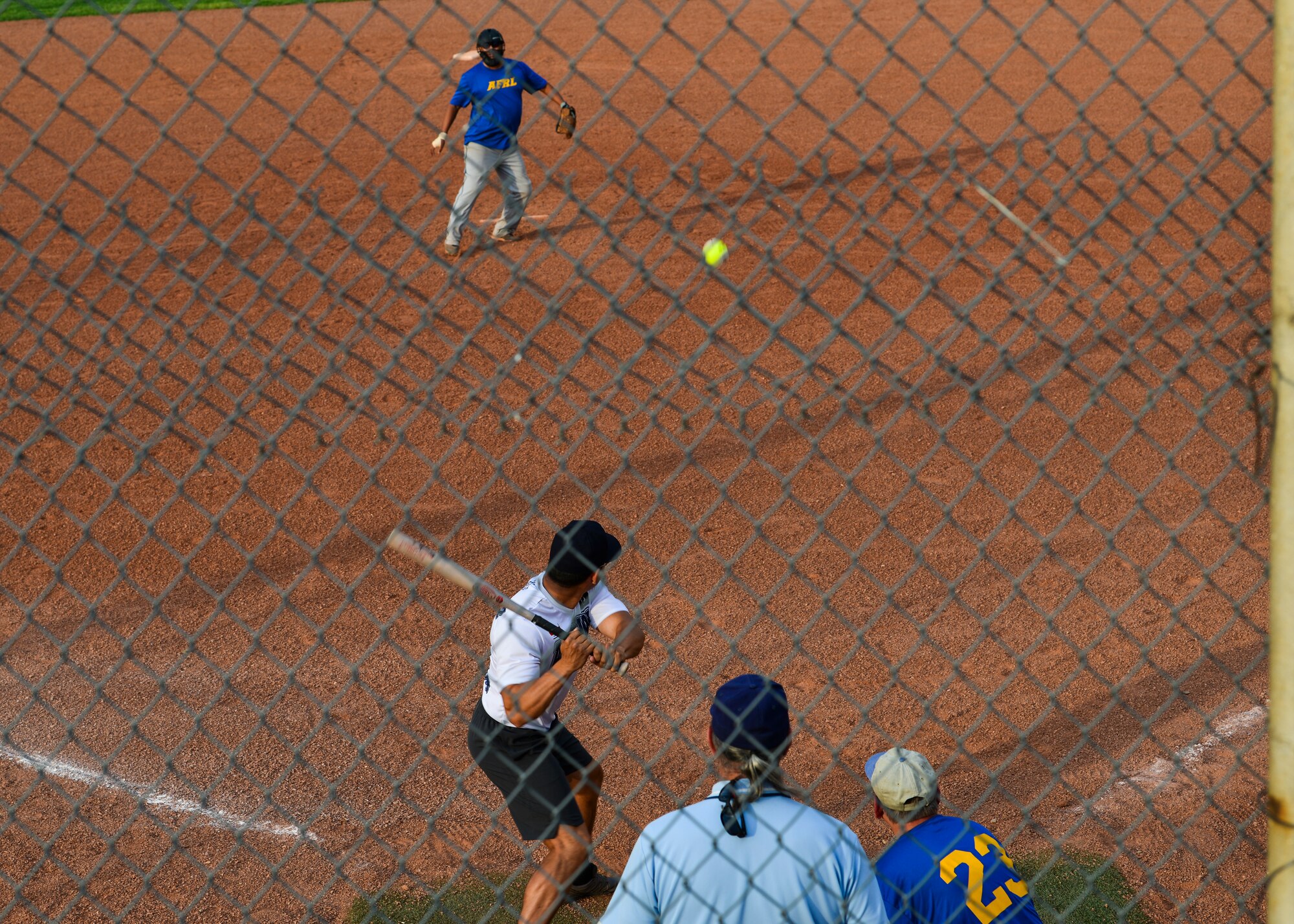 A player from Team SFS bats against Team AFRL during the 2019 Kirtland Softball Intramural Championship Game at Kirtland Air Force Base, N.M., August 22, 2019. The 2019 softball season consisted of 13 regular season games with a single-elimination playoff tournament to determine the champion. (U.S. Air Force photo by Airman 1st Class Austin J. Prisbrey)