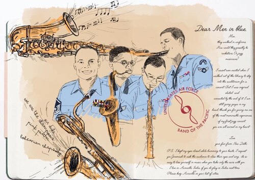 U.S. Air Force Band of the Pacific members received a piece of artwork after one of their performances. (Courtesy photo)
