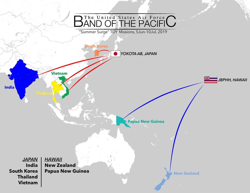A graphic illustration of where U.S. Air Force Band of the Pacific members traveled to in a span of 30 days. (U.S. Air Force graphic Tech. Sgt. Patrick Brush)