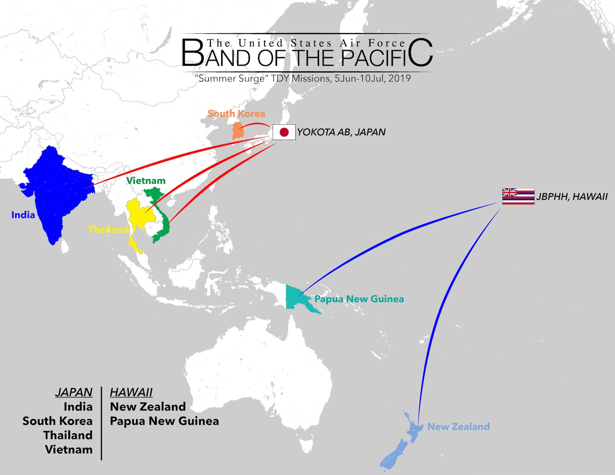A graphic illustration of where U.S. Air Force Band of the Pacific members traveled to in a span of 30 days. (U.S. Air Force graphic Tech. Sgt. Patrick Brush)