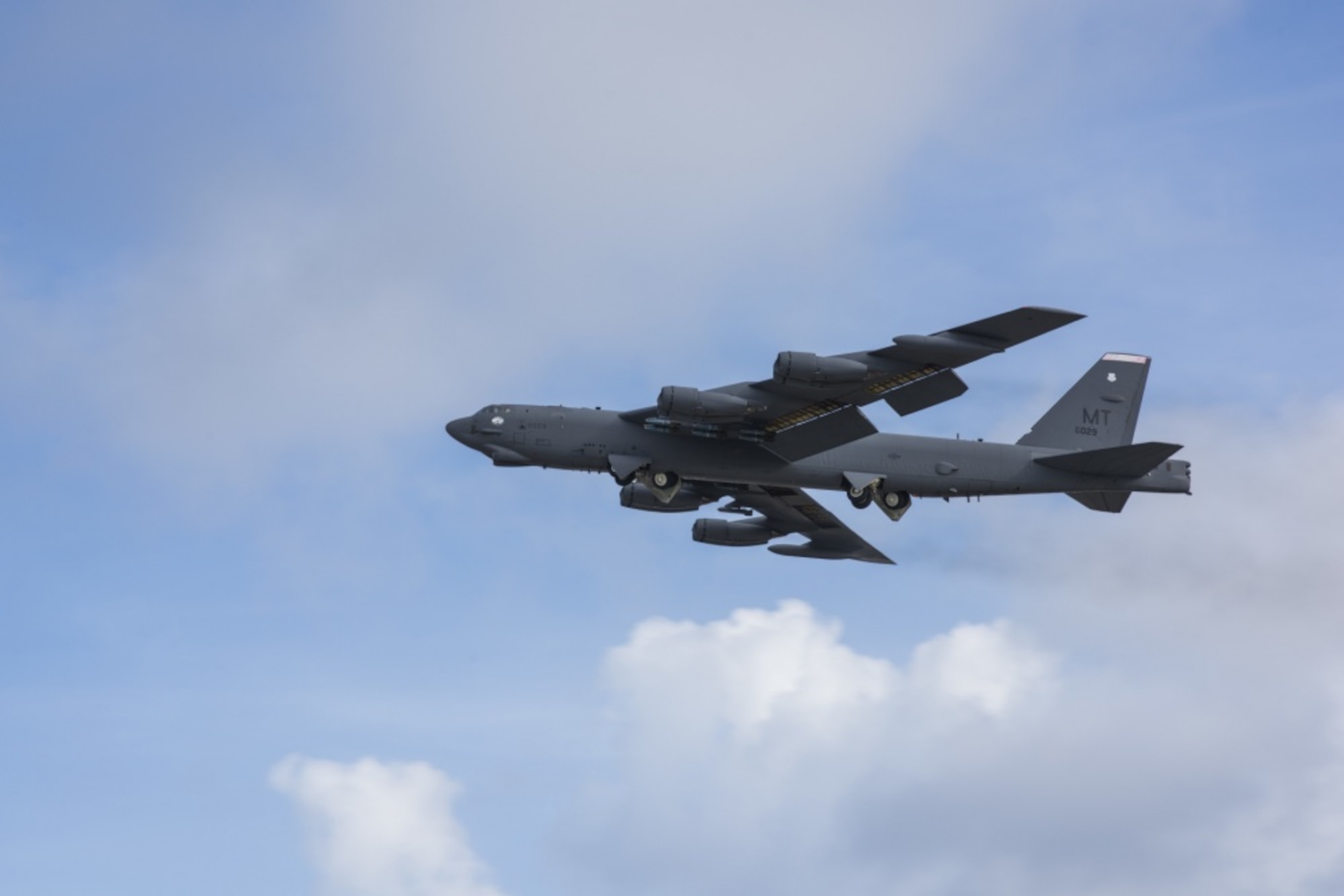 A B-52 Stratofortress from the 69th Expeditionary Bomber Squadron takes off from Andersen Air Force Base, Guam Aug. 13, 2019.