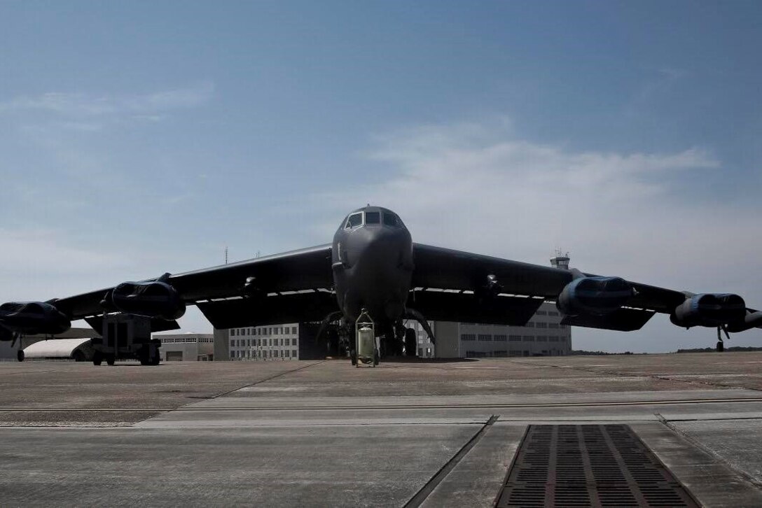 A B-52 from Barksdale Air Force Base, La. sits on the ramp at Eglin Air Force Base, Fla. on July 30, 2016. Aircrew brought the 53rd Wing bombers to allow wing personnel an opportunity to see one of their geographically separated aircraft up close. (U.S. Army photo/SGT Michael Parnell)