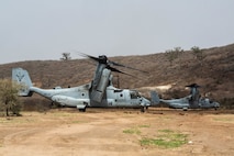 U.S. Marine Corps MV-22 Ospreys with Special Purpose Marine Air-Ground Task Force-Crisis Response-Africa 19.2, Marine Forces Europe and Africa, prepare to extract Marines from a landing zone during quick-reaction force training Thiés, Senegal, Aug. 5, 2019. The rehearsal increased the Marines’ ability to conduct link-up procedures, on scene and in-route trauma stabilization, and offensive and defensive operations. SPMAGTF-CR-AF is deployed to conduct crisis-response and theater-security operations in Africa and promote regional stability by conducting military-to-military training exercises throughout Europe and Africa. (U.S. Marine Corps photo by Cpl. Margaret Gale)