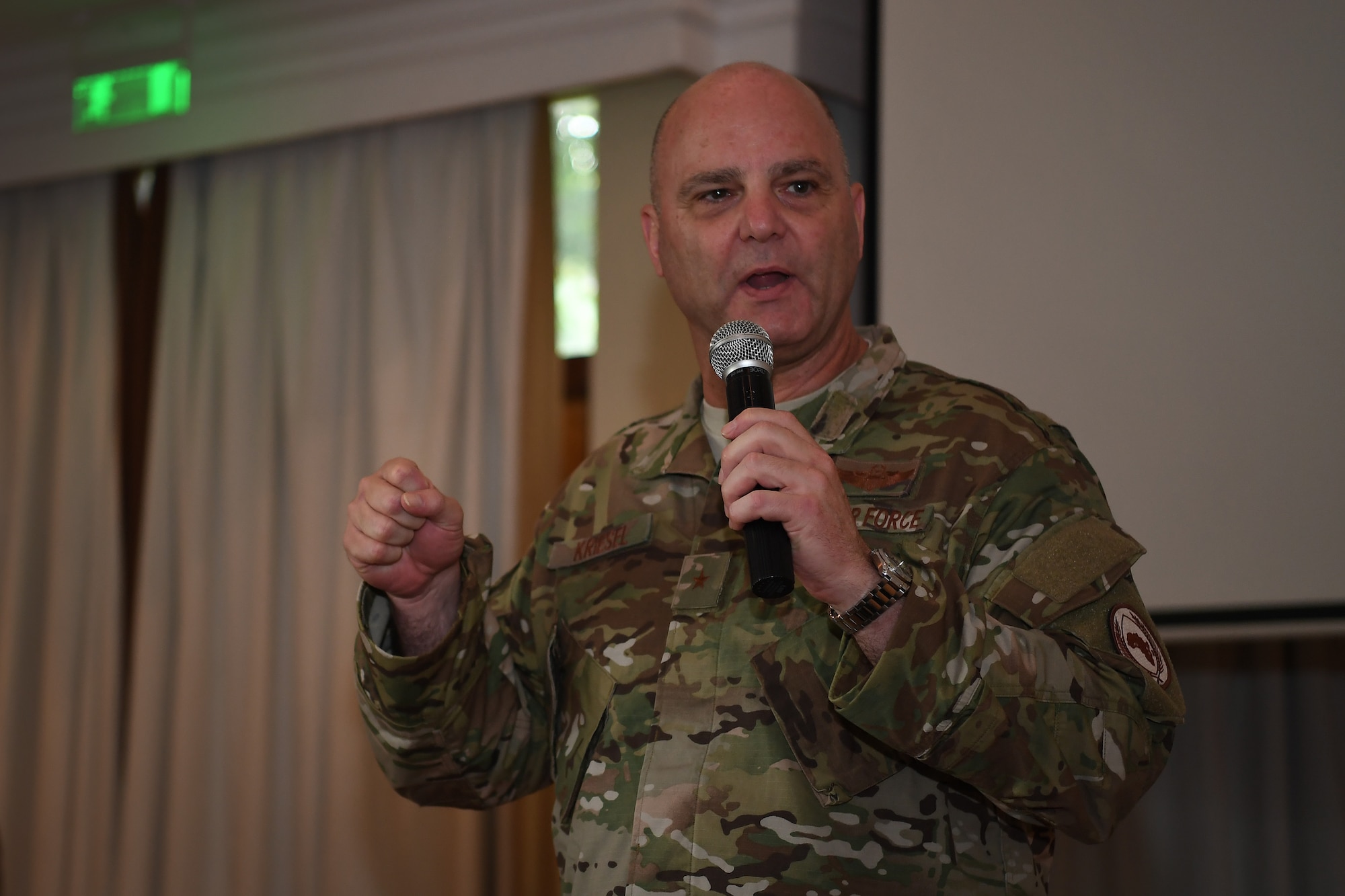 Brig. Gen. James R. Kriesel, Combined Joint Task Force—Horn of Africa deputy commanding general, gives closing remarks for African Partnership Flight Kenya 2019, Nanyuki, Kenya, August 25, 2019.