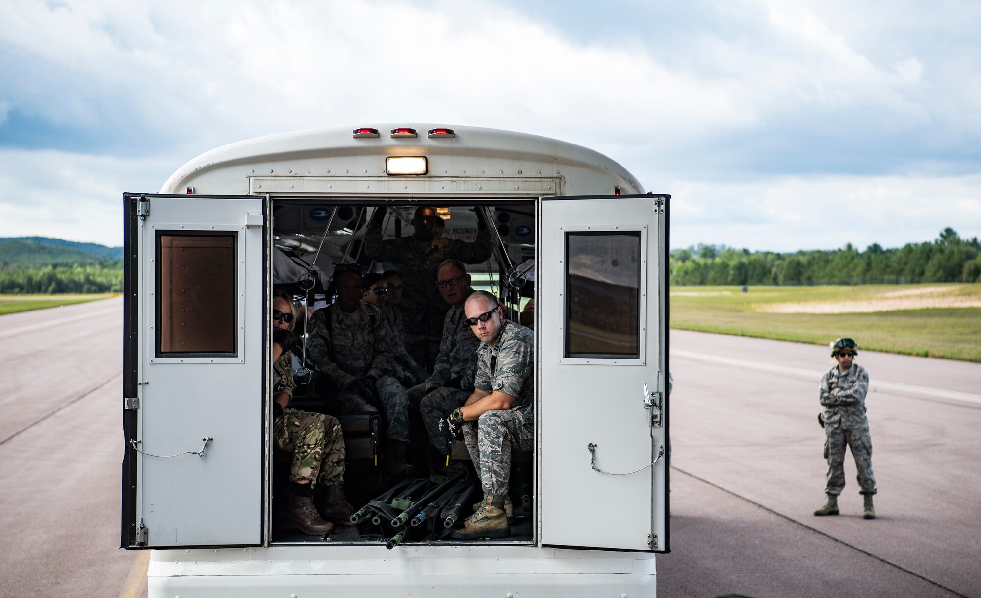 Reserve Citizen Airmen participating in Patriot Warrior 2019 conduct a training scenario at Fort McCoy, Wisconsin, Aug. 16, 2019.  Patriot Warrior is Air Force Reserve Command's premier exercise, providing Airmen an opportunity to train with joint and international partners in airlift, aeromedical evacuation and mobility support. The exercise builds on capabilities for the future fight, increasing the readiness, lethality and agility of the Air Force Reserve. (U.S. Air Force Photo by Tech. Sgt. Gregory Brook)