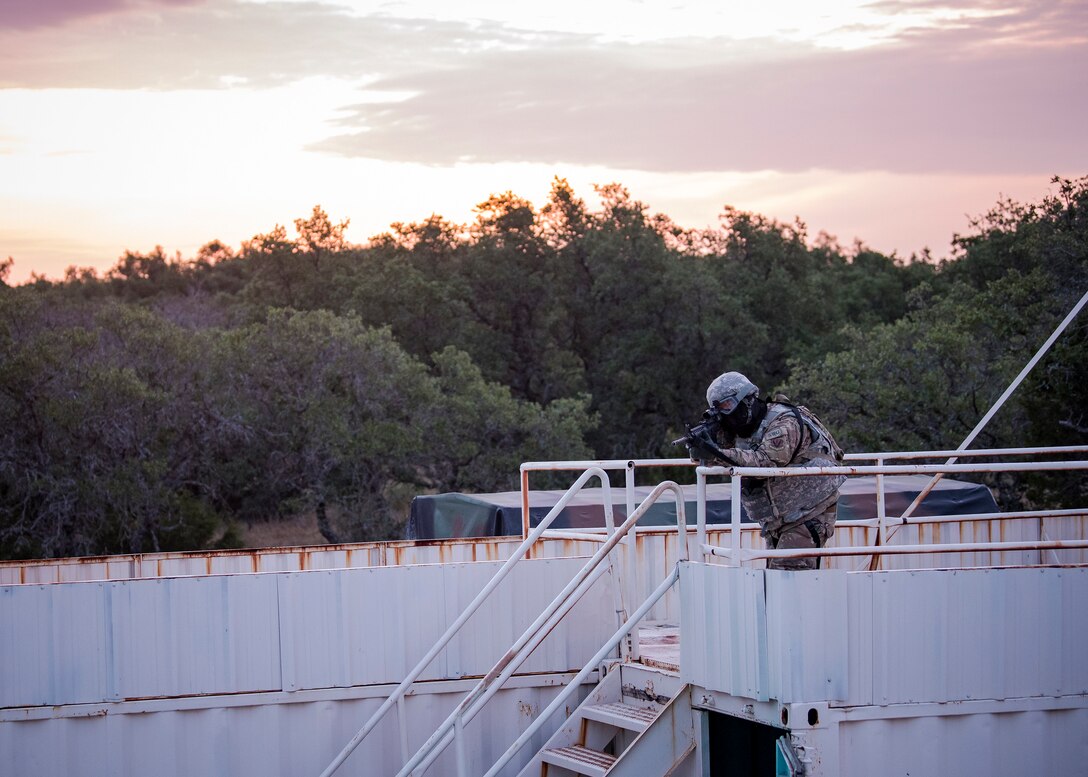 A Staff Weather Officer from the 3d Weather Squadron, fires an M4 Carbine during a certification field exercise (CFX), July 30, 2019, at Camp Bowie Training Center, Texas. The CFX was designed to evaluate the squadron’s overall tactical ability and readiness to provide the U.S. Army with full spectrum environmental support to the Joint Task Force (JTF) fight. The CFX immersed Airmen into all the aspects of what could come with a deployment such as force on force scenarios. (U.S. Air Force photo by Airman 1st Class Eugene Oliver)