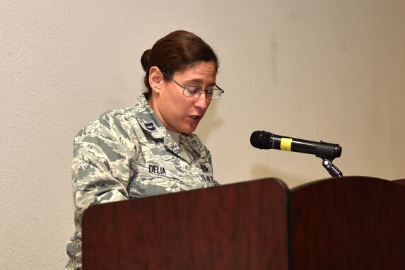 U.S. Air Force Capt. Alicia Delia, 315th Training Squadron targeting analyst course flight commander, shares some history about the establishment of the observance during the Women’s Equality Day Event at the event center on Goodfellow Air Force Base, Texas, August 26, 2019. In 1973, Congress designated August 26 as Women’s Equality Day to commemorate the certification of the 19th Amendment to the U.S. Constitution, granting women the right to vote in 1920. (U.S. Air Force photo by Senior Airman Seraiah Wolf/Released)