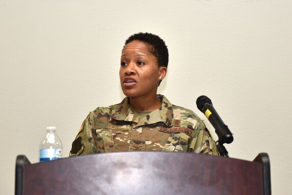 U.S. Air Force Col. Lauren Byrd, 17th Medical Group commander, speaks about the suffragette movement during the Women’s Equality Day Event at the event center on Goodfellow Air Force Base, Texas, August 26, 2019. Byrd reminded attendees equality is making sure that everyone has a seat at the table and everyone’s voice is heard. (U.S. Air Force photo by Senior Airman Seraiah Wolf/Released)